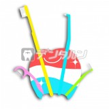 カラフルな歯ブラシ、歯間ブラシ、フロスのロゴ風イラスト③