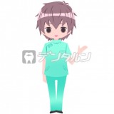 案内する緑の服を着た男性歯科医師
